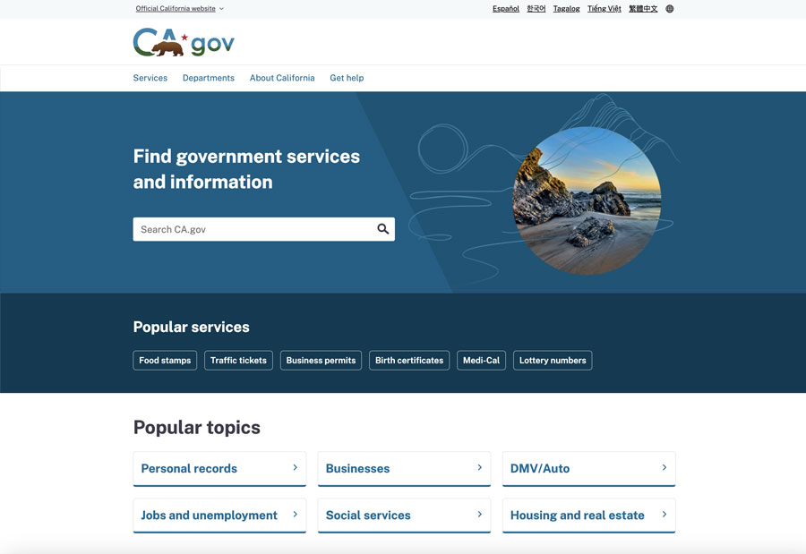 Homepage screenshot of ca.gov portal website.