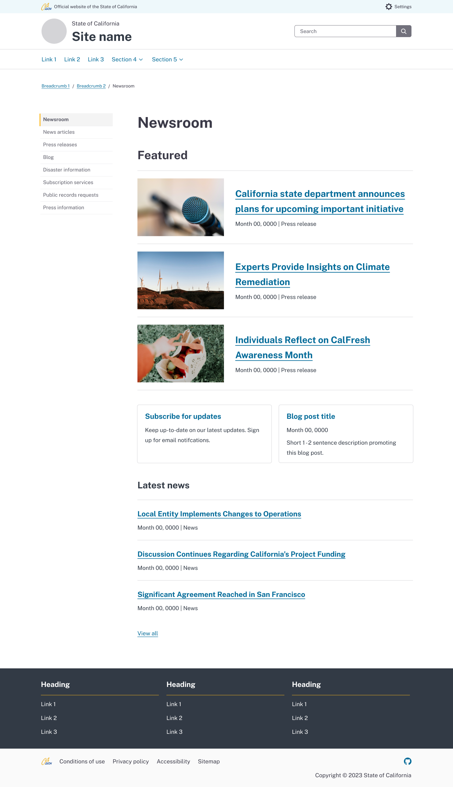 Newsroom page with featured images example